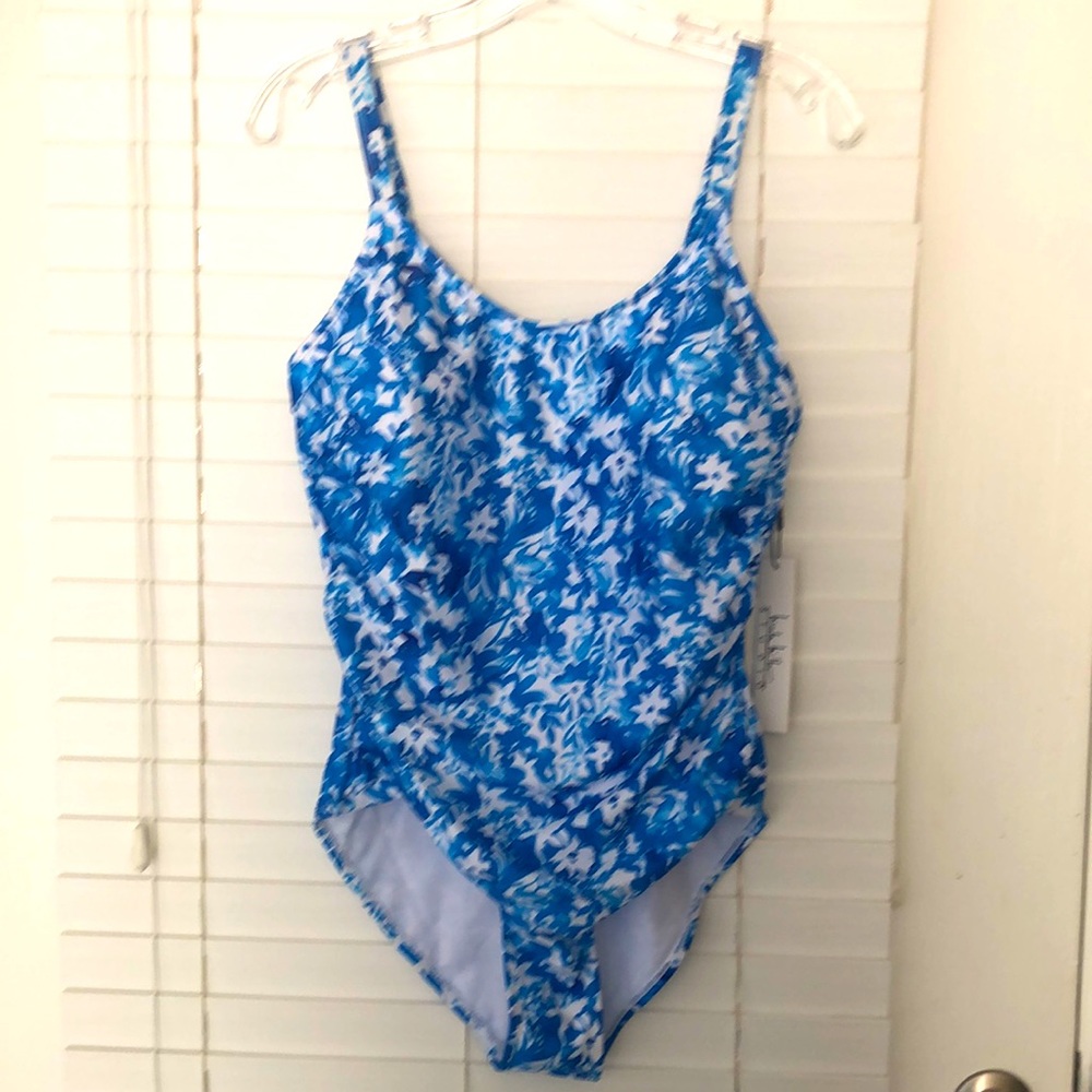 Nicole Miller Studio Swimsuit One Piece Blue White Floral SZ L NWT